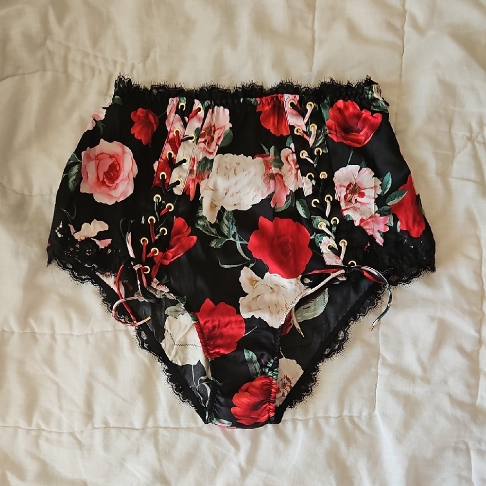 Victoria's Secret Atelier Black and Red Floral Rose Lace High Waist Silk Panty